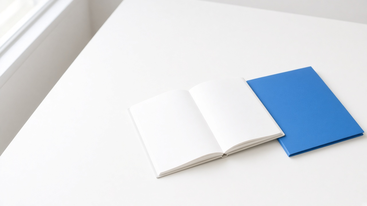 Bureau blanc, un cahier ouvert et un dossier bleu
