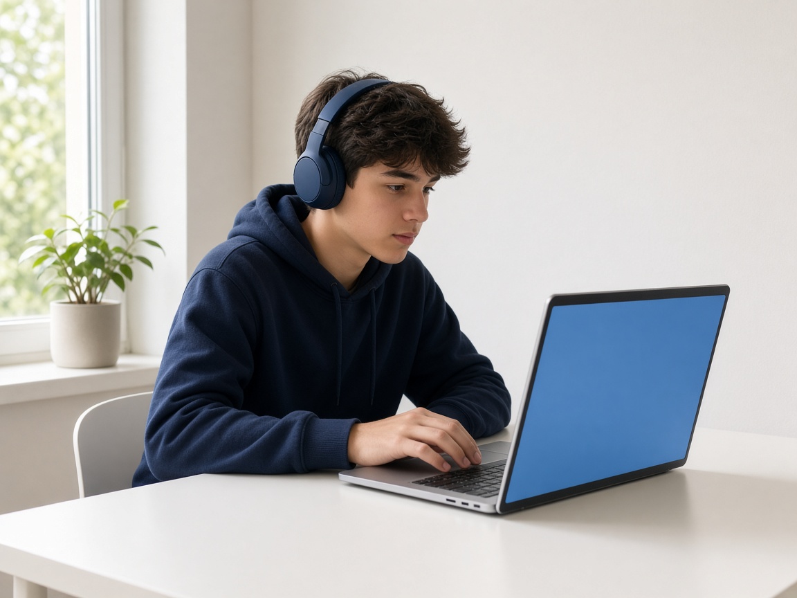 Élève au casque devant un écran bleu, bureau blanc