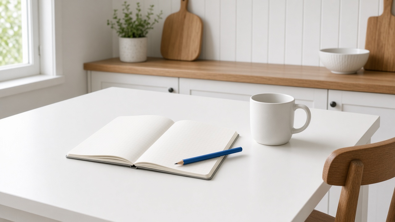 Table blanche, cahier ouvert et crayon bleu, lumière du jour